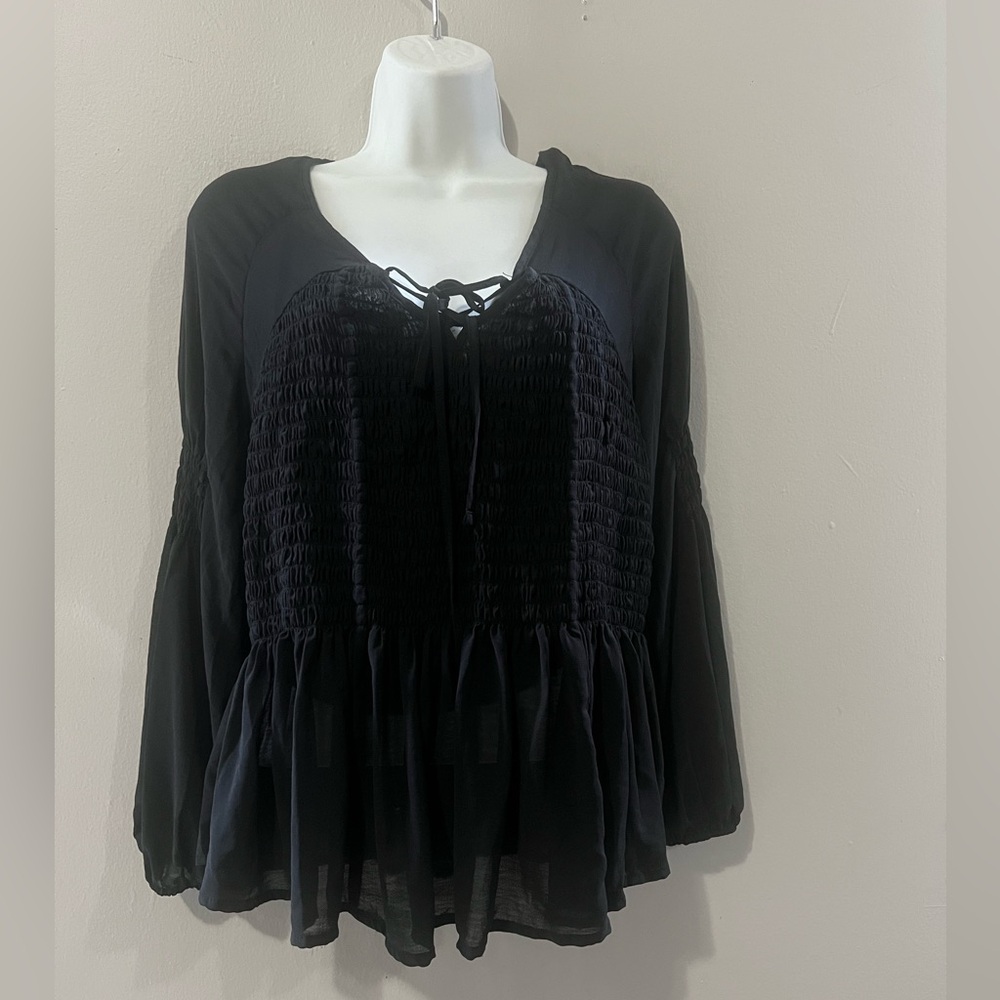 American Eagle Womens Blouse Size S Black Lace Up V Neck Smocked Ruffle